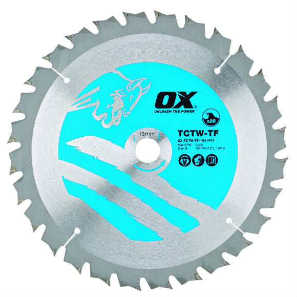 OX Wood Cutting Circular Saw Blade ATB - 184mm Dia - 16mm/30mm Bore